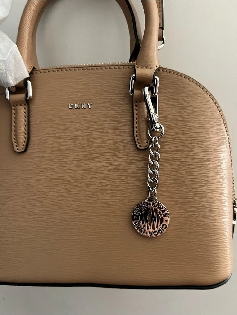 DKNY Beige Dome Satchel with Logo Charm